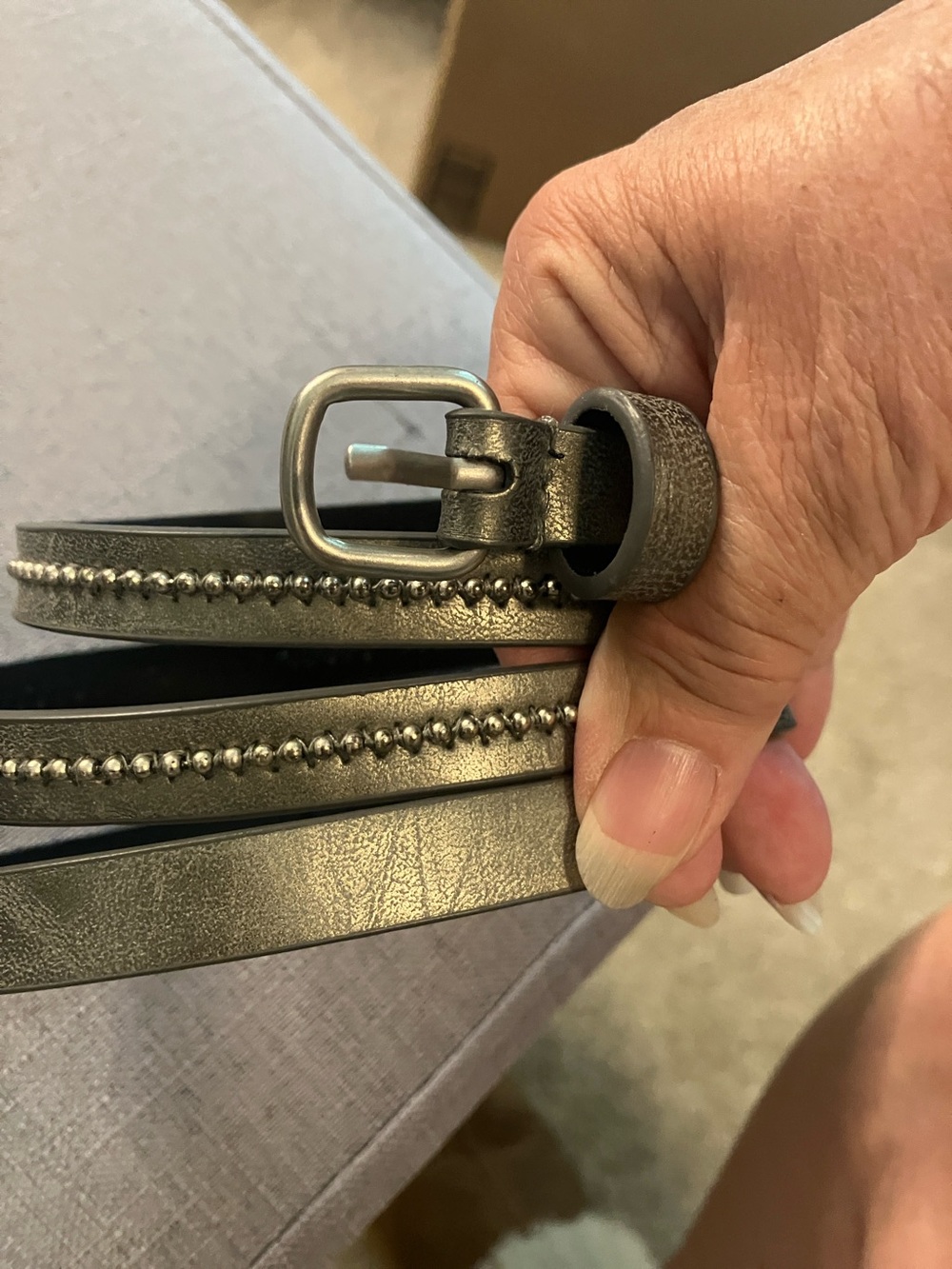 Metallic Studded Skinny Leather Belt - Silver